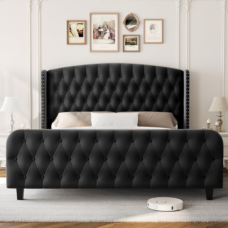 King Size Bed Frame with Deep Button Tufted Wingback Headboard, Velvet Upholstered Platform with Footboard, Black, King