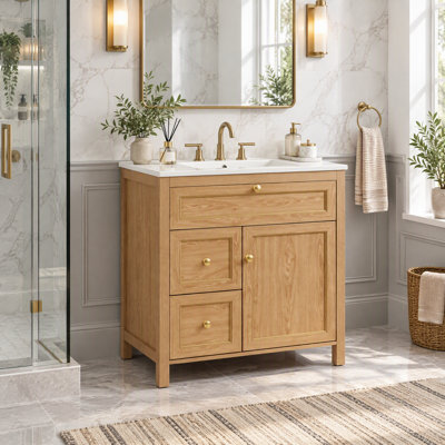Meuble-lavabo en bois massif avec lavabo intÃ©grÃ© et portes Ã  fermeture amortie, meuble de salle de bain moderne sur pied en bois avec tiroir et Ã©tagÃ¨res ouvertes