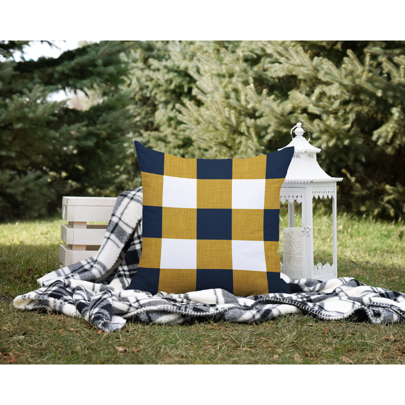 Coussin intérieur / extérieur Jeb Farm House, L 15 po x H 15 po, Or / bleu marine