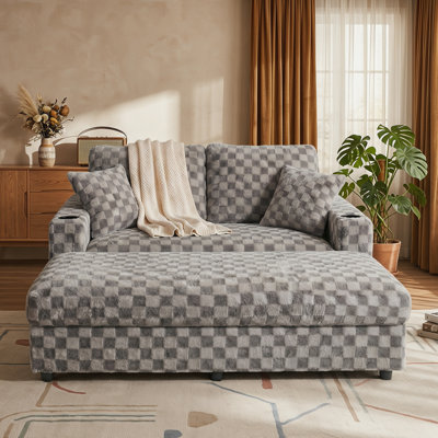 64inch Upholstered Faux Fur Sofa Bed, Oversized Sleeper Sofa with Wood Frame
