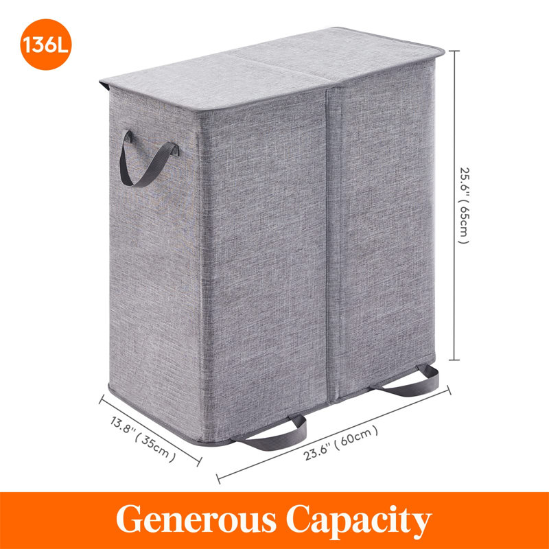 Laundry Hamper with Handles, Grey, 65cm H x 60cm W x 35cm D