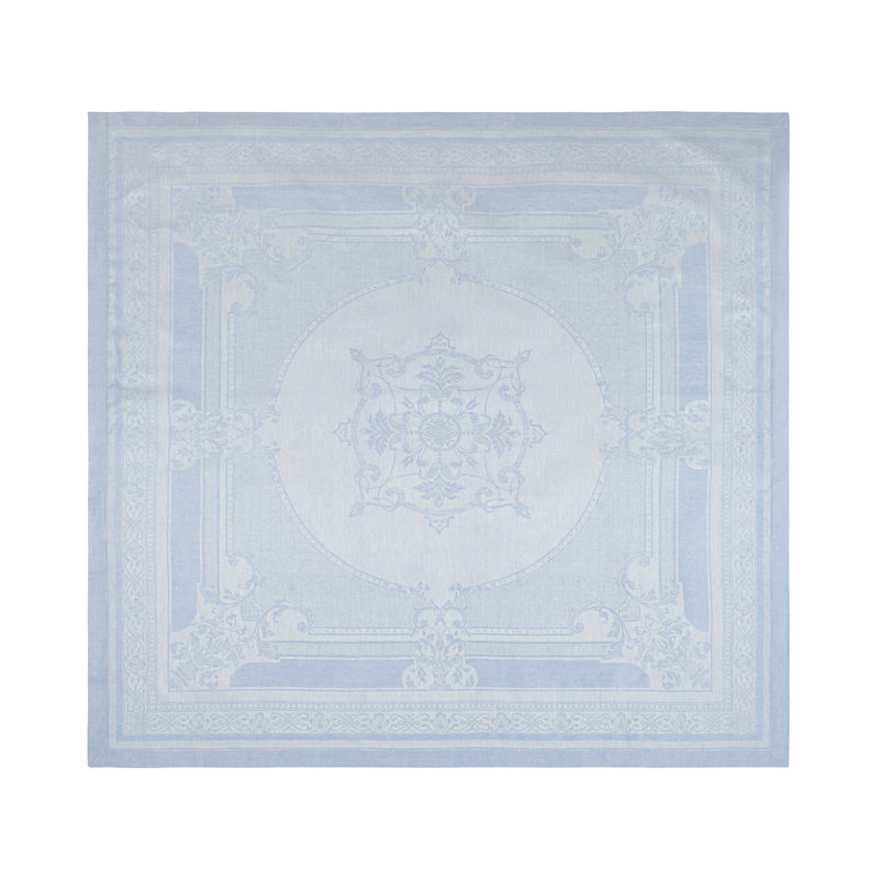 Ivory and Light Blue Linen Jacquard Tablecloth, 71" x 100"