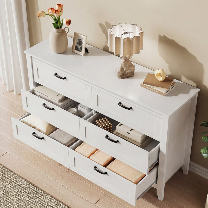 Serefina 54"W 6-Drawer Modern Dresser, White Wood Dresser with Solid Legs for Bedroom, 32'' H Large Storage Double Dresser with Deep Drawers Fits Closet, Nursery, or Hallway