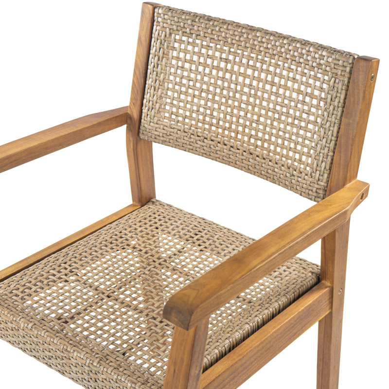 Ensemble de salle à manger d'extérieur en bois d'acacia 7 pièces, 6 chaises en faux osier, 1 table de salle à manger