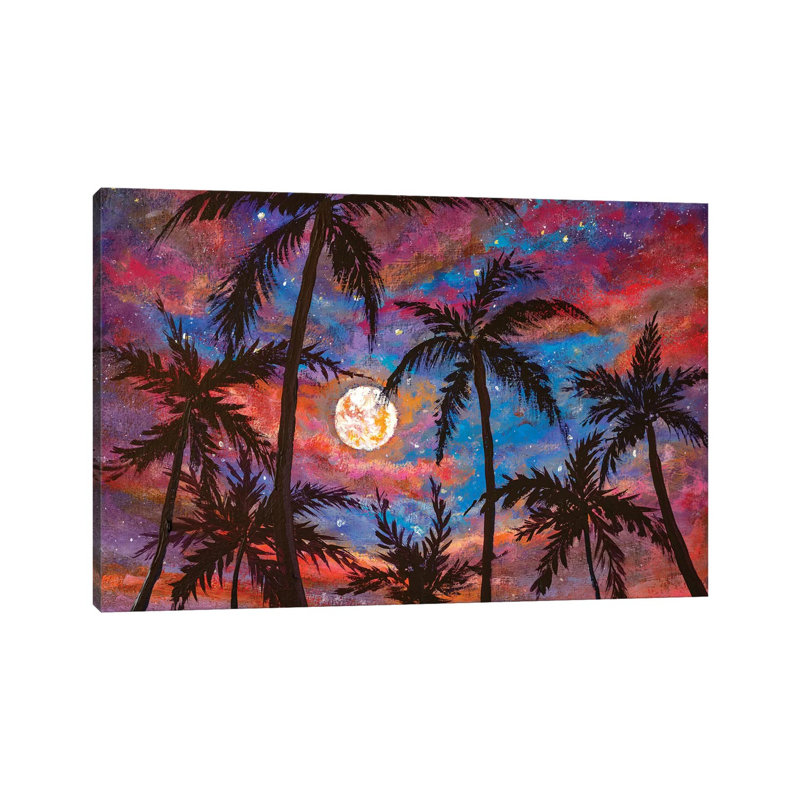 Beautiful Palm Trees, Pink Purple Sunset And Large Moon by Valery Rybakow - Painting on Canvas, Wrapped Canvas