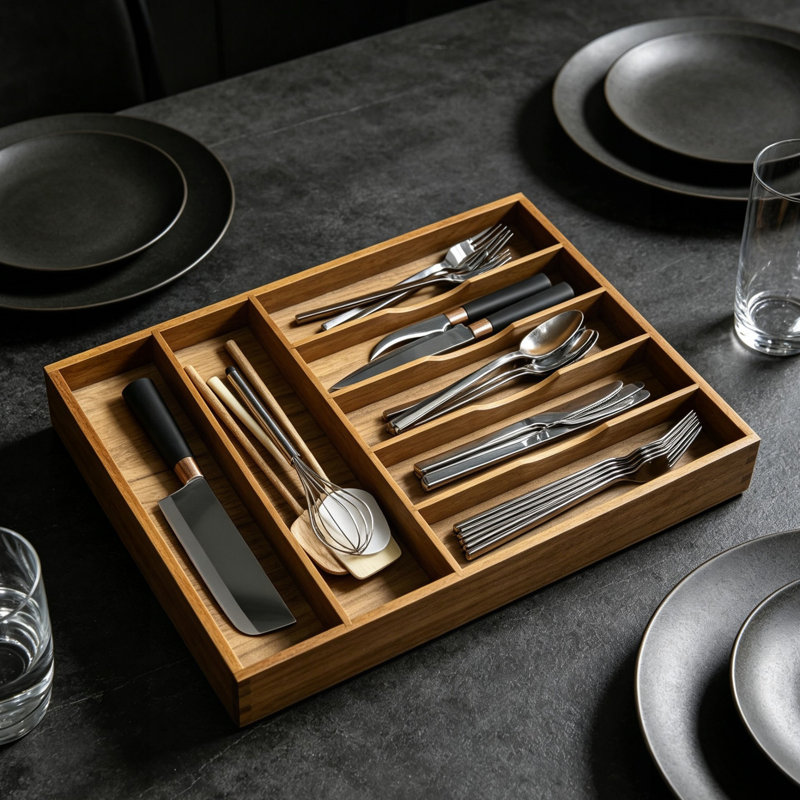 Acacia Wood Kitchen Silverware Drawer Organizer Utensil Holder for Silverware and Kitchenware 7 Compartment