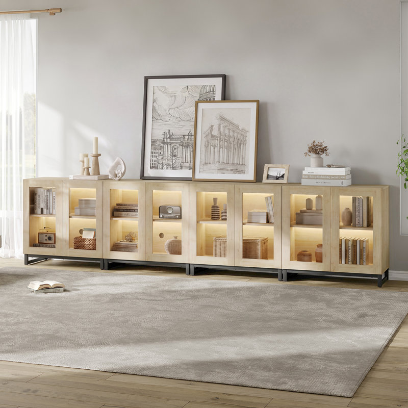 Armoire d'appoint moderne avec 8 portes en verre, commode d'appoint multifonctionnelle avec grand rangement et tablette réglable