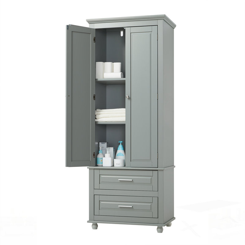 Tall Storage Cabinet With Two Drawers, Perfect For Bathroom And Office Organization And Space Efficiency., Gray