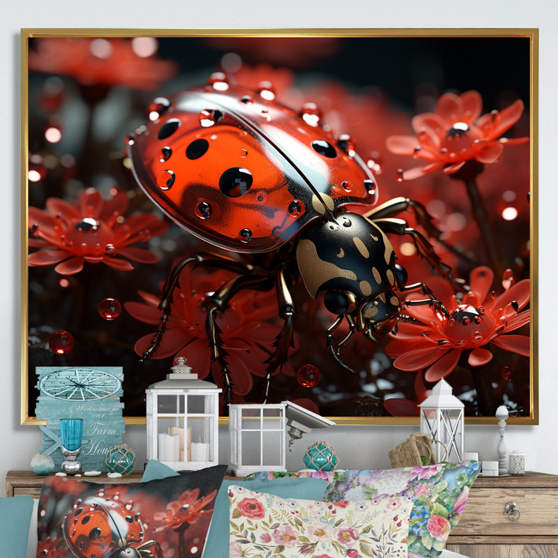 «Red Floral Ladybug Metamorphosis» sur impression sur toile, Cadre flottant doré, H 16 po x l 32 po x P 1 po