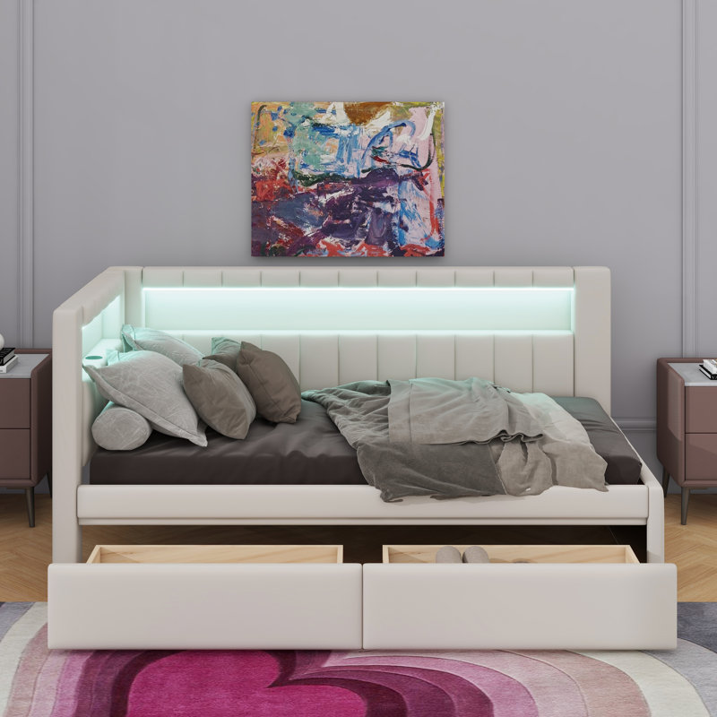 Lit plateforme tapissier simple avec ports USB et 2 tiroirs, Blanc