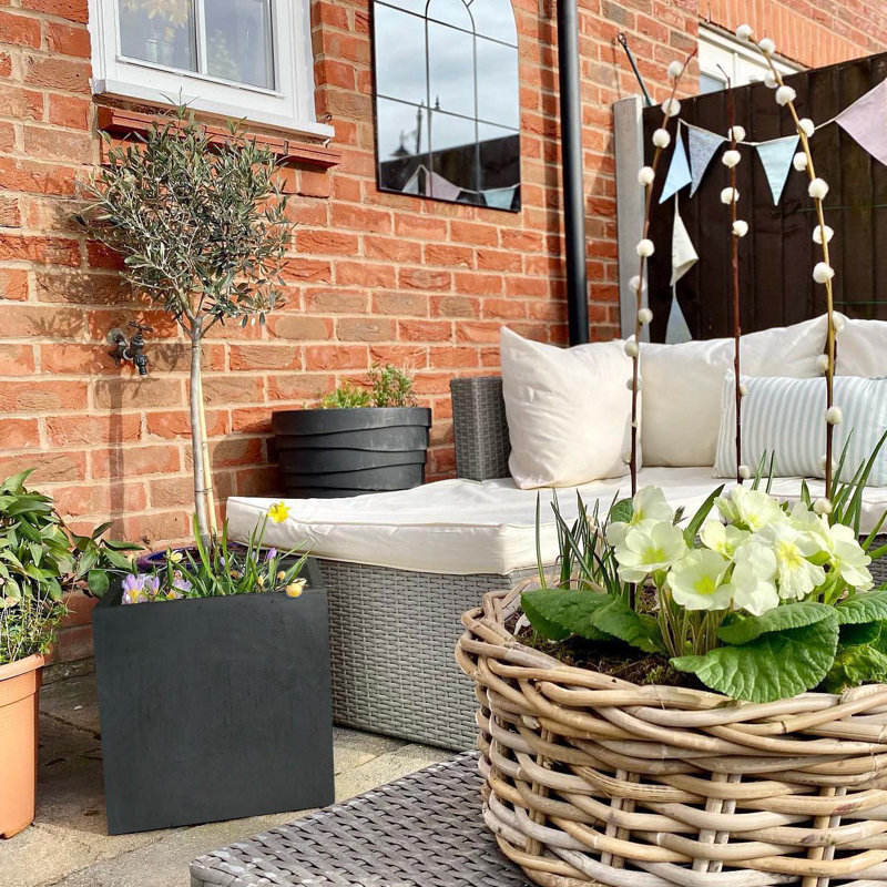 Concrete Effect Square Planter, Frostproof Reinforced Stone Outdoor Plant Pot, Garden Planter Box with Drainage Holes