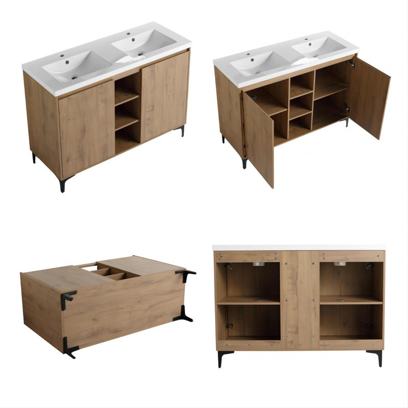Brezhane 48-Inch Freestanding Bathroom Vanity with Double Resin Sinks & Triple Open Storage – Modern Design for Spacious Organization