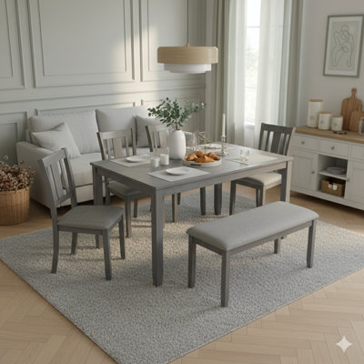 Ensemble de salle à manger de cuisine 6 pièces, table de salle à manger rectangulaire en bois avec 4 chaises rembourrées et un banc, ensemble de table de salle à manger pour 6 personnes, salon, bar et cuisine, finition grise