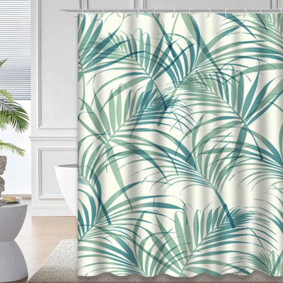 Aqua Green Tropical Leaf Floral Fern Abstract Aloha Aqua Art Beach Beautiful Shower Curtain with 12 Hooks