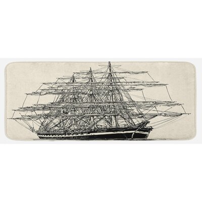 Sailing Boat Detailed Illustration Nautical Maritime Theme Vintage Style Art Cream Black Kitchen Mat -  East Urban Home, 38603AFD37ED4DA080E2E335187DE1B9