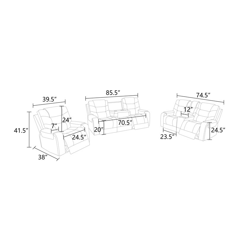 Ensemble de fauteuil inclinable électrique en cuir 3 pièces, canapé, causeuse et fauteuil