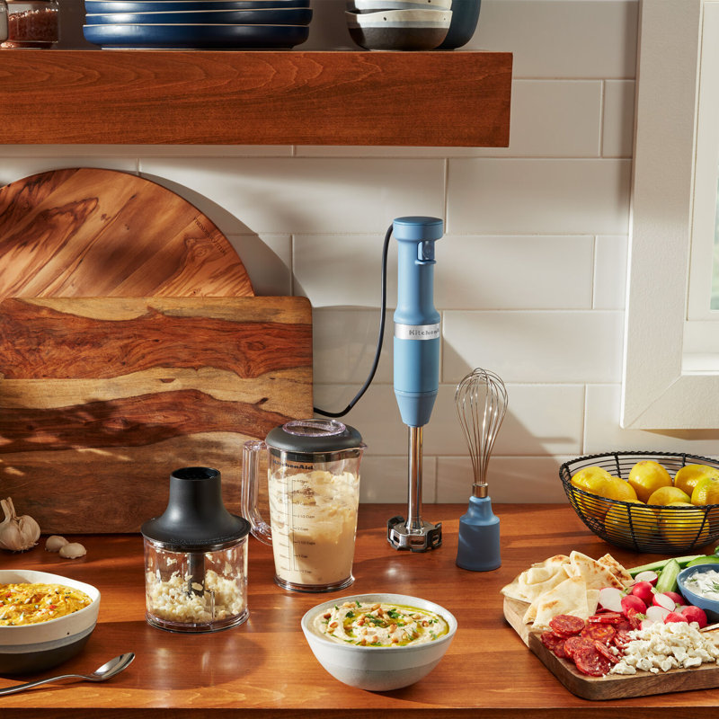 KitchenAid Variable Speed Hand Immersion Blender with 8” Removable Arm, Whisk, Chopper & Blending Jar in Aqua, Blue