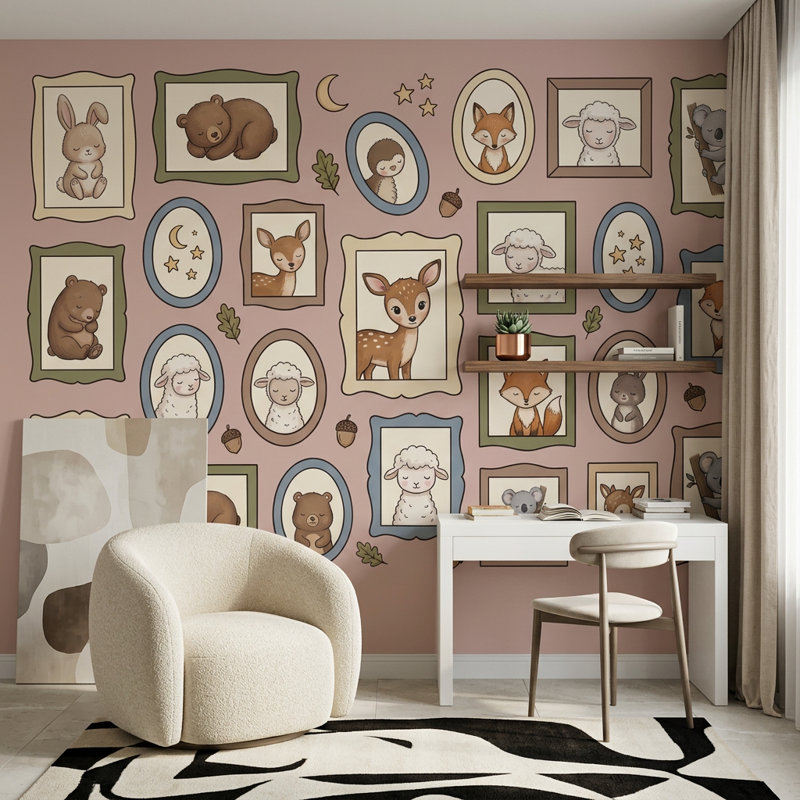 Papier peint de chambre de bébé animaux de la forêt, 100 po x 96 po, Peler et coller