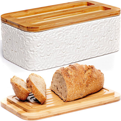 Engraved Ceramic Bread Box For Kitchen Countertop - Multipurpose Bread Storage Container With Thick Bamboo Cutting Board Lid - Elegant Bread Bin