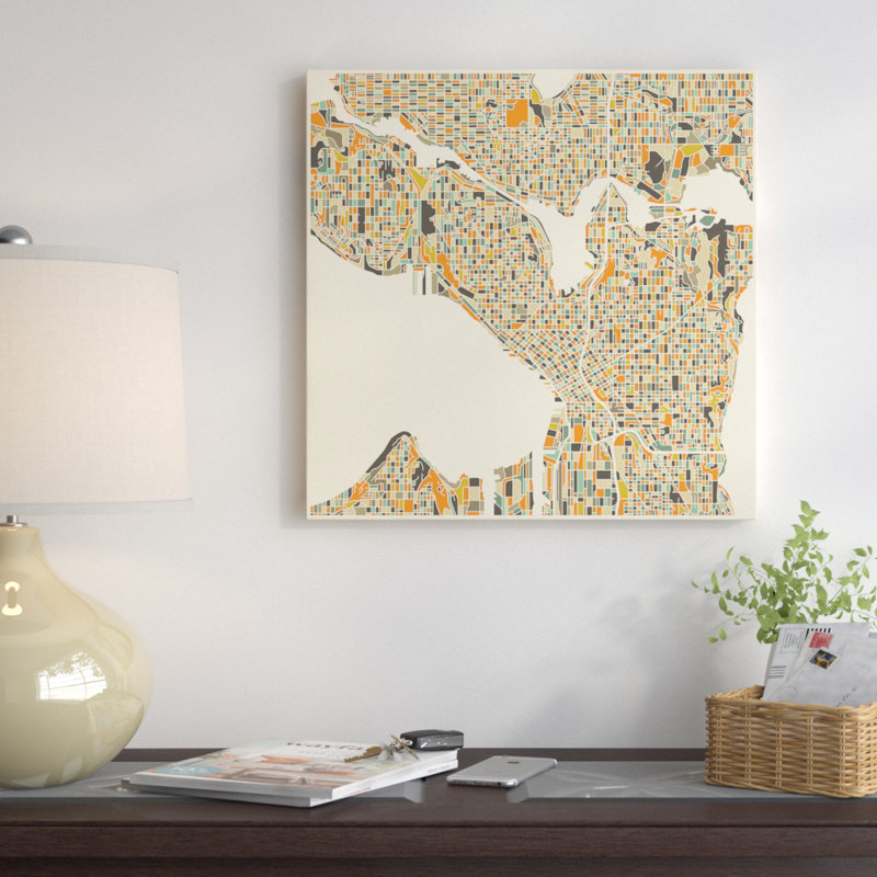 «Abstract City Map of Seattle», impression sur toile tendue, H 18 po x l 18 po x P 1,5 po, Toile avec cadre noir