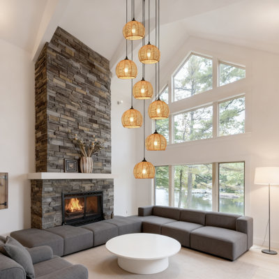 Lustre 8 lumières Boho en rotin pour hauts plafonds avec hauteur réglable, luminaire suspendu de style campagnard avec corde en chanvre naturel pour le hall d'entrée du salon (ampoules incluses)