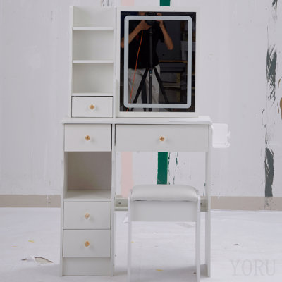29.2" Small Size Left Drawer Desktop Vanity Table + Cushioned Stool, 2 Ac+2 Usb Power Station, Hair Dryer Bracket, Extra Large Touch Control Sliding Led Mirror, Tri-Color Switching, Brightness Adjust