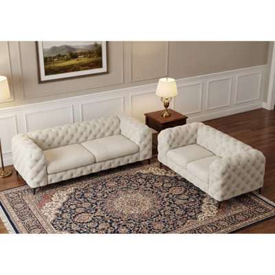 Ensemble de salon 2 pièces en polyester capitonné avec causeuse et canapé Chesterfield