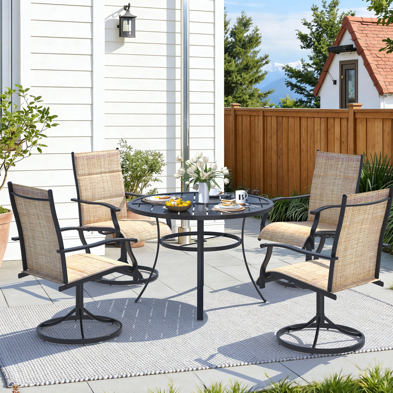 5 Piece Patio Dining Set, Outdoor Dining Table And Chairs Set For 4, 4 Swivel Chairs, 1 Iron Round Table With Adjustable Umbrella Hole, Patio Furniture Set For Deck, Backyard, Lawn, Poolside