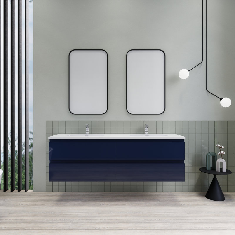 Alcester 71'' Double Bathroom Vanity with Resin Top, Gloss Blue