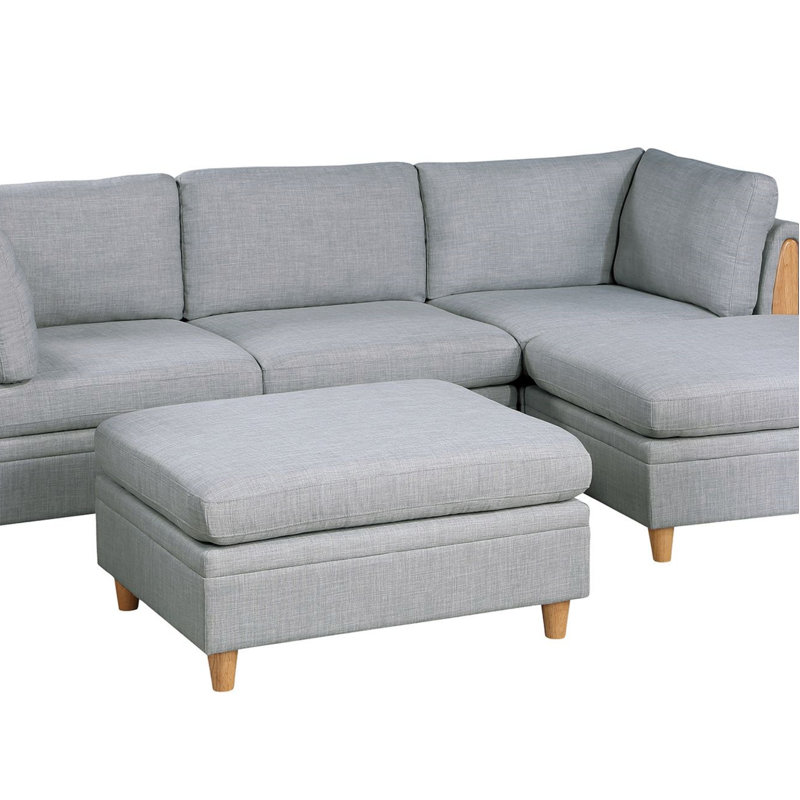 Ensemble de canapé modulaire contemporain en acier Dorris 5X, Bois jaune moyen, Tissu gris clair