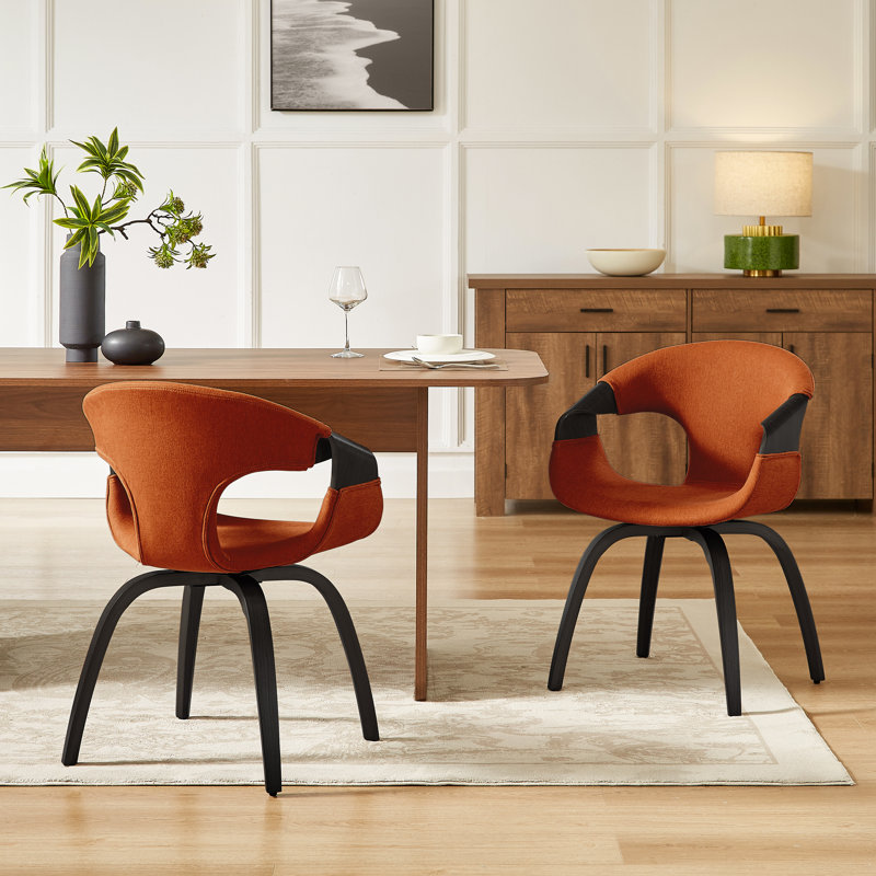 Afra 21.26'' W Swivel Polyester Upholstered Dining Arm Chair (Set Of 2), Orange/Black Wood