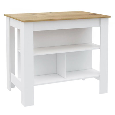 Kitchen Island, Kitchen Table 35" H, Four Legs, Three Open Storage  Shelves