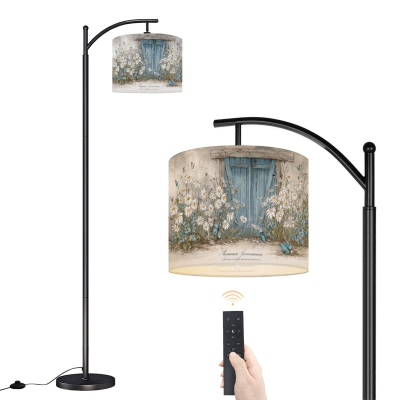 Arc Floor Lamp with Adjustable Lampshade Vintage Watercolor Floral Scene for Cozy Home Decor Standing Lamp 3 Color Temperatures Dimmable Tall Pole Lamp with Foot Switch for Bedroom