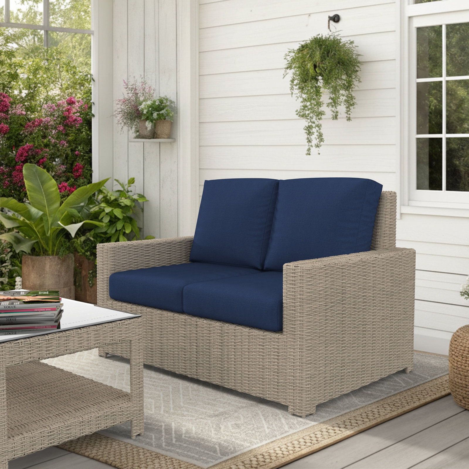 Outdoor Loveseat With Sunbrella Cushions, Canvas Navy