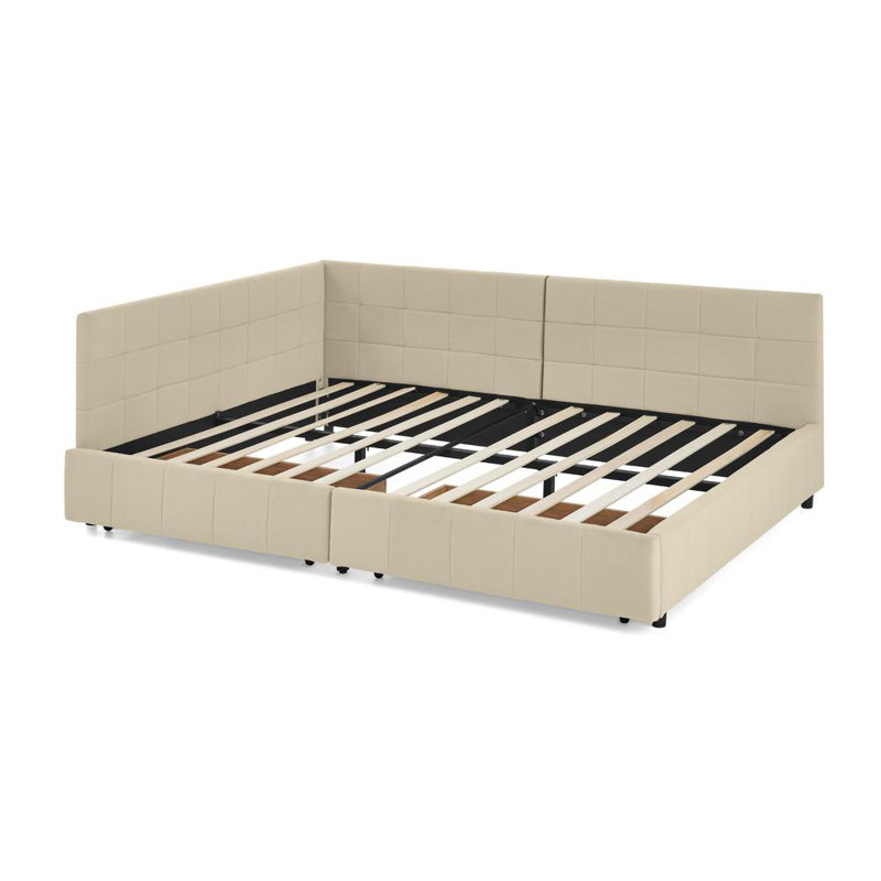 Upholstered Daybed With Backrest, Armrest, And Storage Drawers, Beige