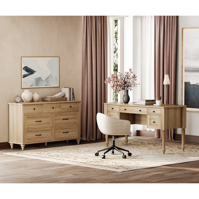 2 Piece Office Set, 56" Executive Computer Desk & 7 Drawer Dresser, Oak