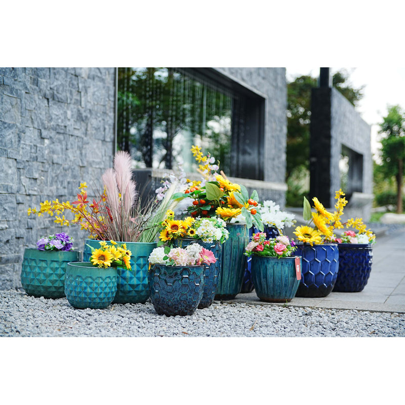 Ensemble de trois pots de fleurs en céramique de diamant exquis, jardinières modernes idéales pour la décoration de patio, de jardin et de rebord de fenêtre