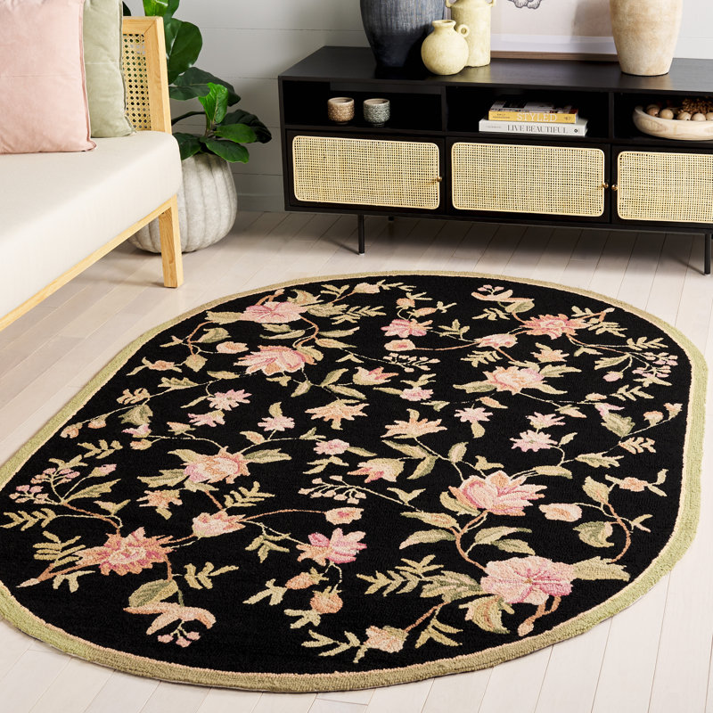 Tapis floral en laine crocheté à la main Jonsson, Black, Ovale 3 pi x 5 pi