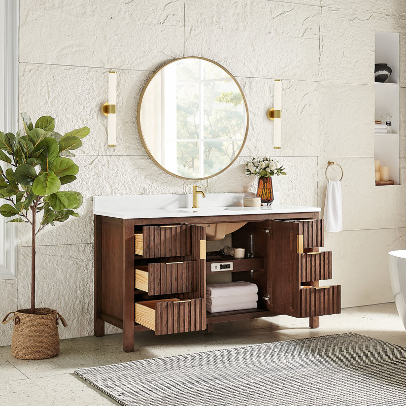Meuble-lavabo simple 60 po avec plateau en pierre blanche à grain blanc, Aged Dark Brown Oak/ Brushed Gold