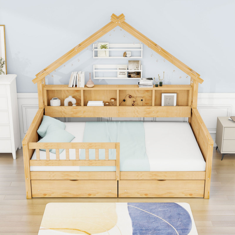 Lits plateforme doubles en bois avec DEL, tablettes et tiroirs, Naturel