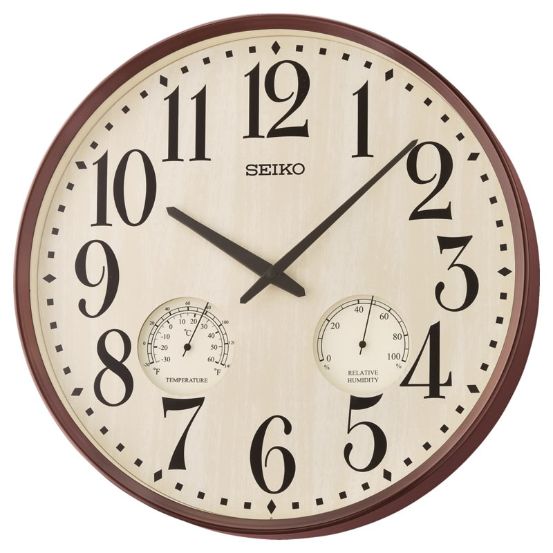 Seiko 16'' Brown Frame Wall Clock with Thermometer and Hygrometer