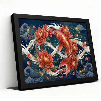 «Red Koi Fish and Peony Flowers» de style japonais, reproduction d'art sur toile tendue sur toile, ensemble de 1