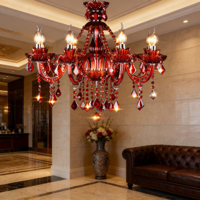 Modern Crystal Chandelier With K9 Crystals, 8-Light Candle Style Fixture For Dining Room, Living Room, Or Bedroom, Elegant Red Glass Design, Compatible With Dimmable E12 Bulbs