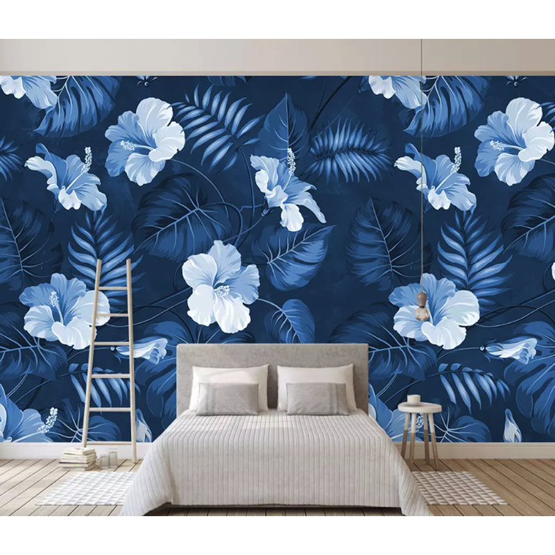 Papier peint amovible classique avec fleurs bleu foncé et mirabilis, L 9 po x l 15 po