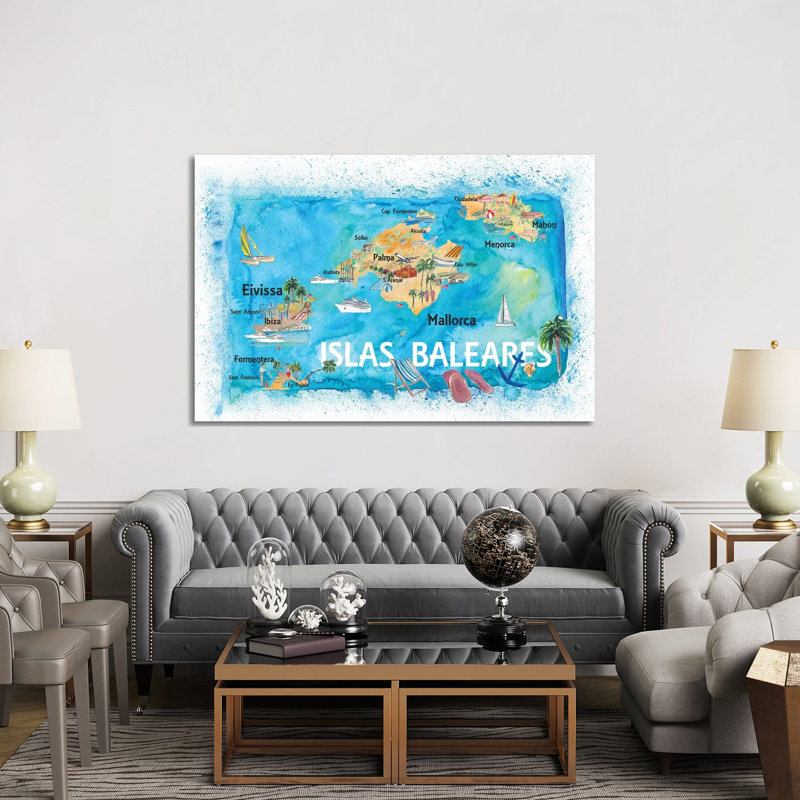 Balearic Islands Illustrated Travel Map With Majorca Ibiza Menorca Landmarks And Highlights by Markus & Martina Bleichner - Wrapped Canvas Gallery-Wrapped Canvas Giclée