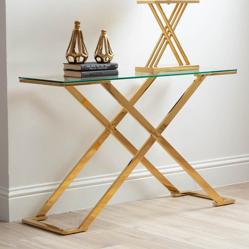 Avilee 120cm Metal Console Table for Living Room Furniture, Modern Glass Top Hallway Table, Entrance Table, Clear, Gold