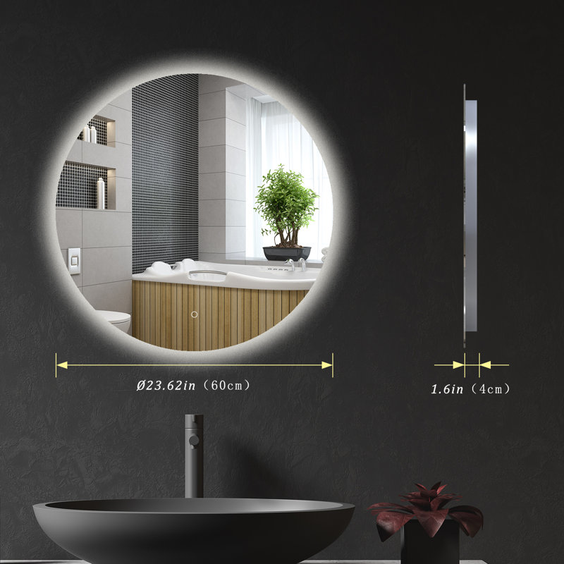 Naliyah Round Frameless Lighted Bathroom/Vanity Mirror, 24" x 24"