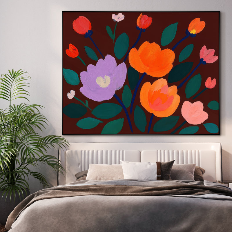 Impression d'art floral abstrait extra large - impression de fleur moderne orange vif pour la maison ou le bureau, très grand art mural encadré (assemblage requis)