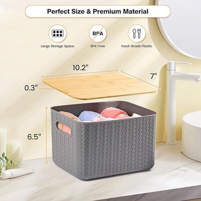 4 Packs Storage Bins With Bamboo Lids - Plastic Storage Containers With Lids Stackable Storage Box:storage Baskets For Organizing Desktop Closet Playroom Classroom Office,gray