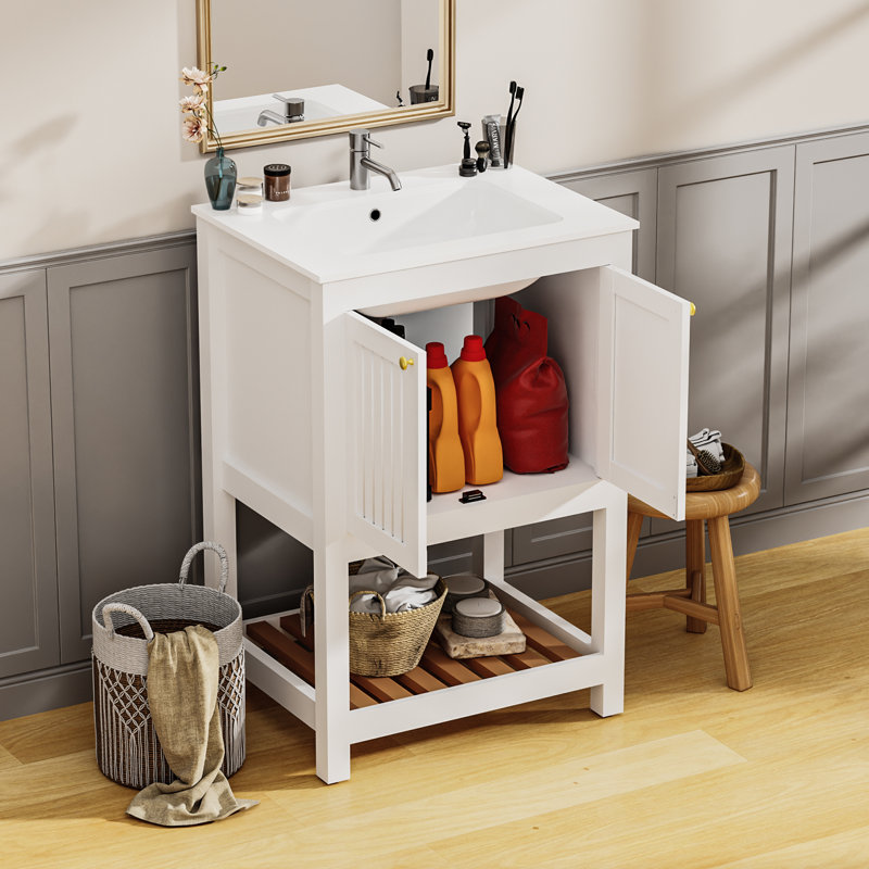 Meuble-lavabo autoportant 24 po avec lavabo, porte double et tablette ouverte 24 po, blanc, Blanc, 24"